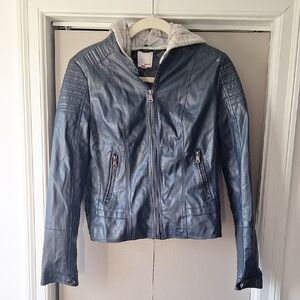 BONGO Blue Faux Leather Jacket with Gray Hood